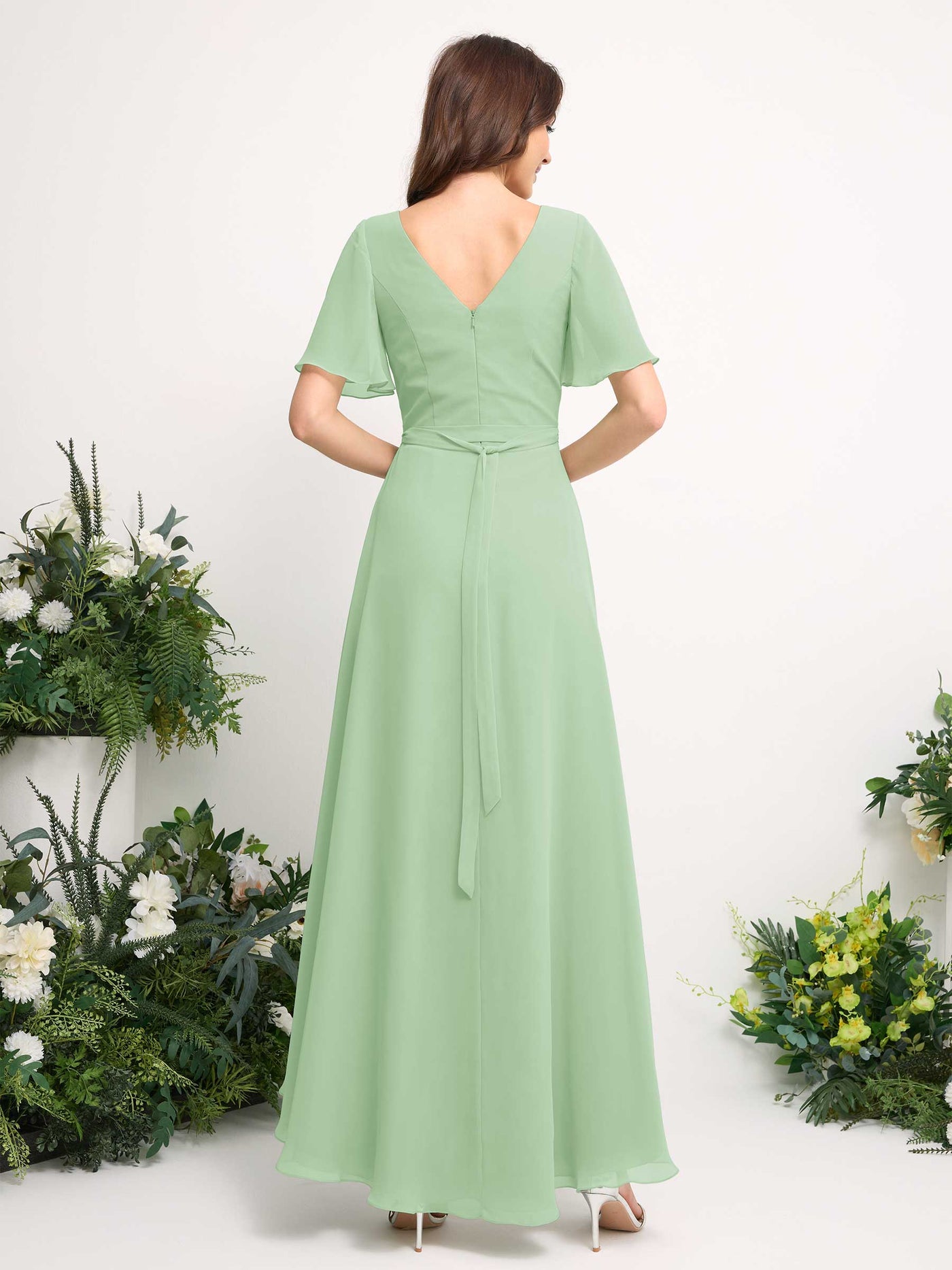 Carlyna A-Linien-Kleid Chiffon V-Ausschnitt Bodenlang Brautjungfernkleid Minzgrün #farbe_minzgr-n