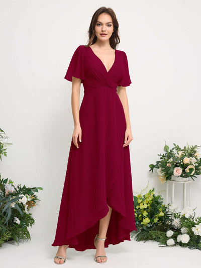 Carlyna A-Linien-Kleid Chiffon V-Ausschnitt Bodenlang Brautjungfernkleid Narrenrot #farbe_narrenrot
