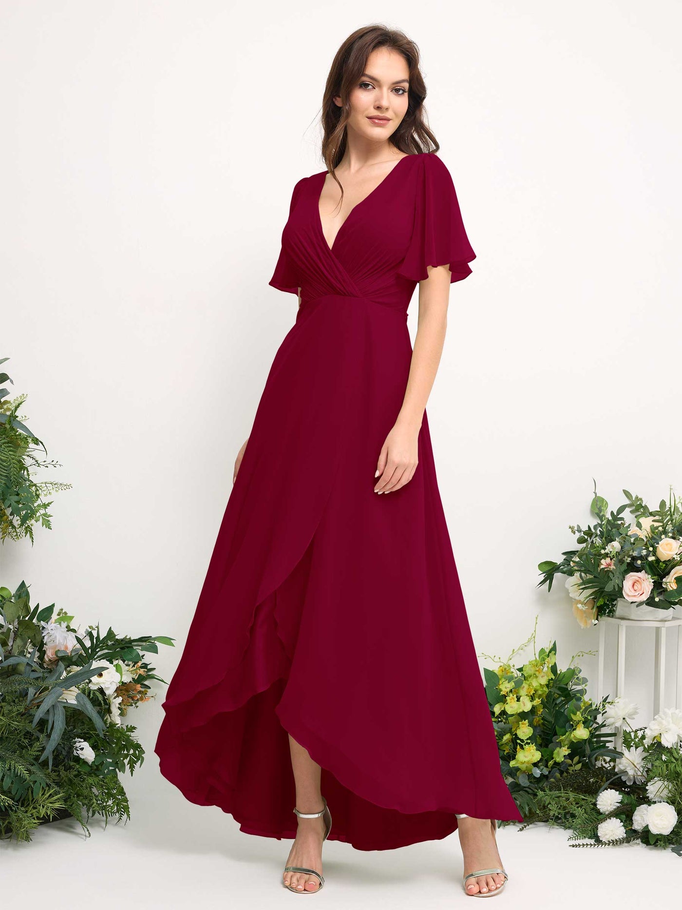 Carlyna A-Linien-Kleid Chiffon V-Ausschnitt Bodenlang Brautjungfernkleid Narrenrot #farbe_narrenrot