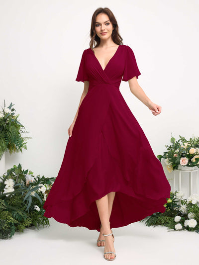 Carlyna A-Linien-Kleid Chiffon V-Ausschnitt Bodenlang Brautjungfernkleid Narrenrot #farbe_narrenrot