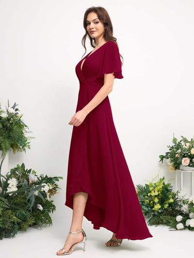 Carlyna A-Linien-Kleid Chiffon V-Ausschnitt Bodenlang Brautjungfernkleid Narrenrot #farbe_narrenrot
