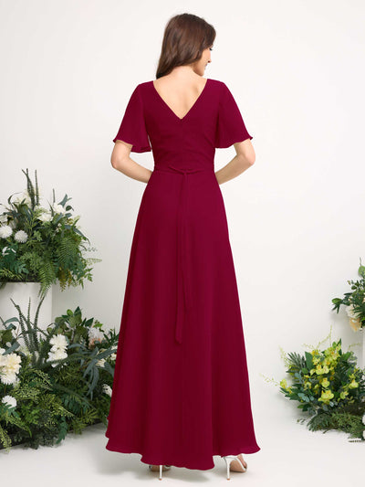 Carlyna A-Linien-Kleid Chiffon V-Ausschnitt Bodenlang Brautjungfernkleid Narrenrot #farbe_narrenrot