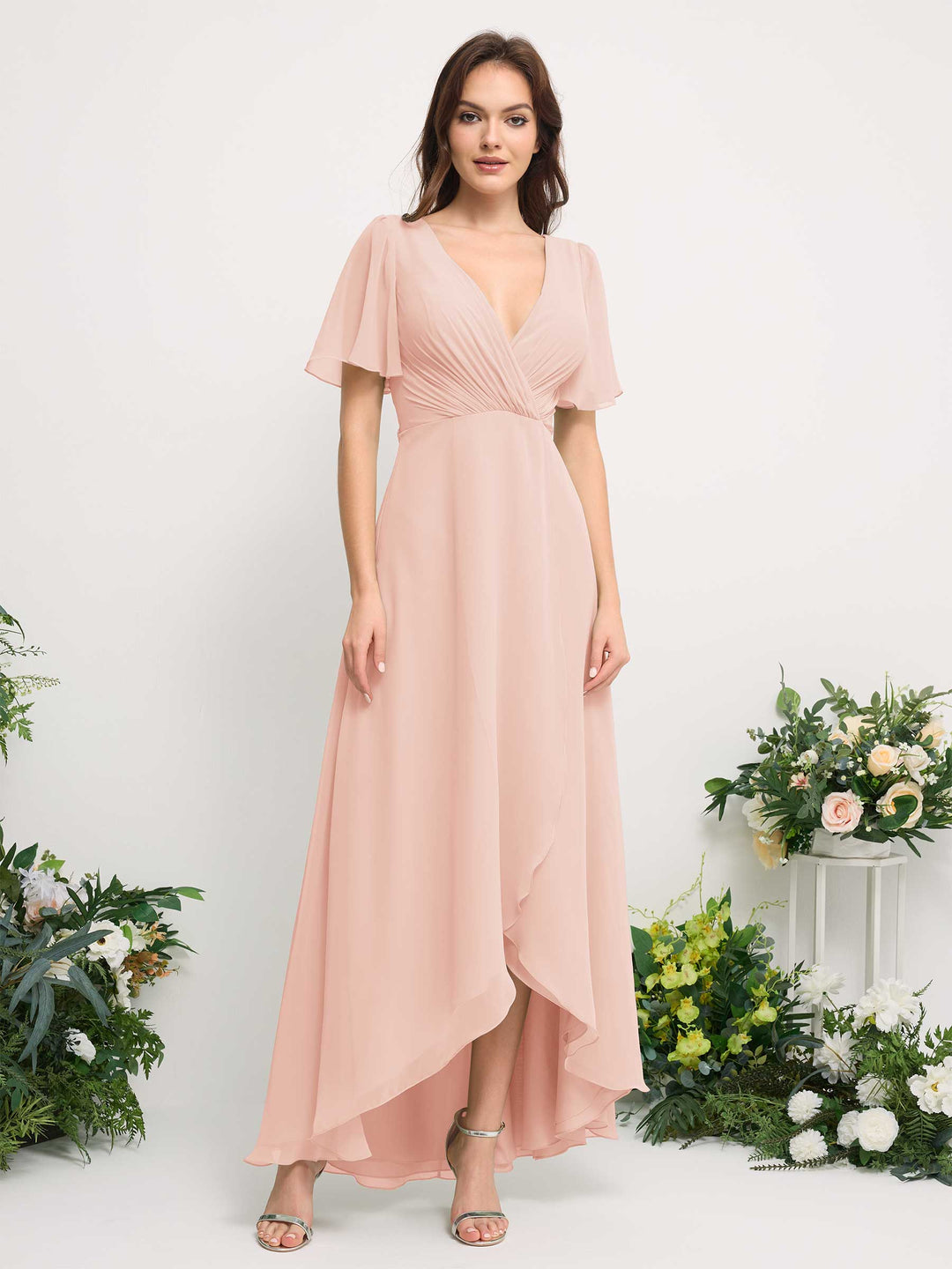 Carlyna A-Linien-Kleid Chiffon V-Ausschnitt Bodenlang Brautjungfernkleid Perlrosa 