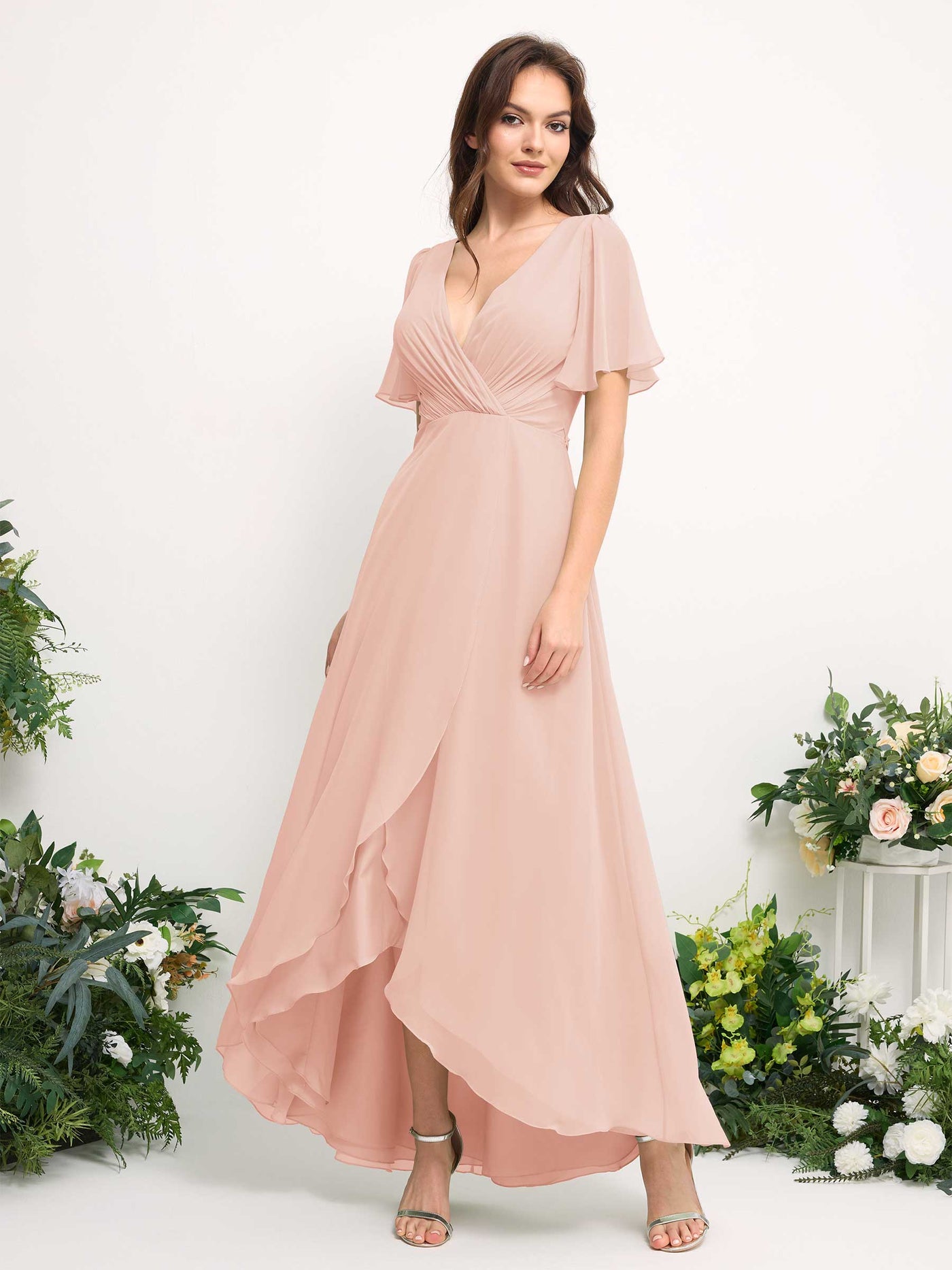 Carlyna A-Linien-Kleid Chiffon V-Ausschnitt Bodenlang Brautjungfernkleid Perlrosa #farbe_perlrosa