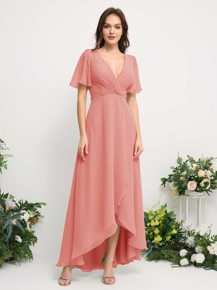 Carlyna A-Linien-Kleid Chiffon V-Ausschnitt Bodenlang Brautjungfernkleid Pfirsichrosa 