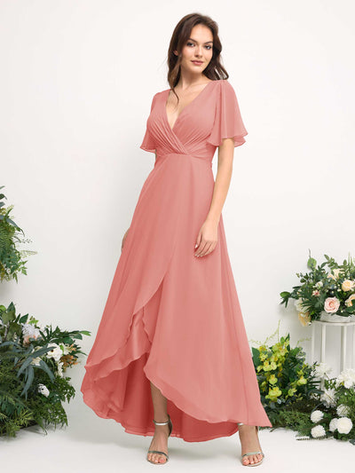 Carlyna A-Linien-Kleid Chiffon V-Ausschnitt Bodenlang Brautjungfernkleid Pfirsichrosa #farbe_pfirsichrosa