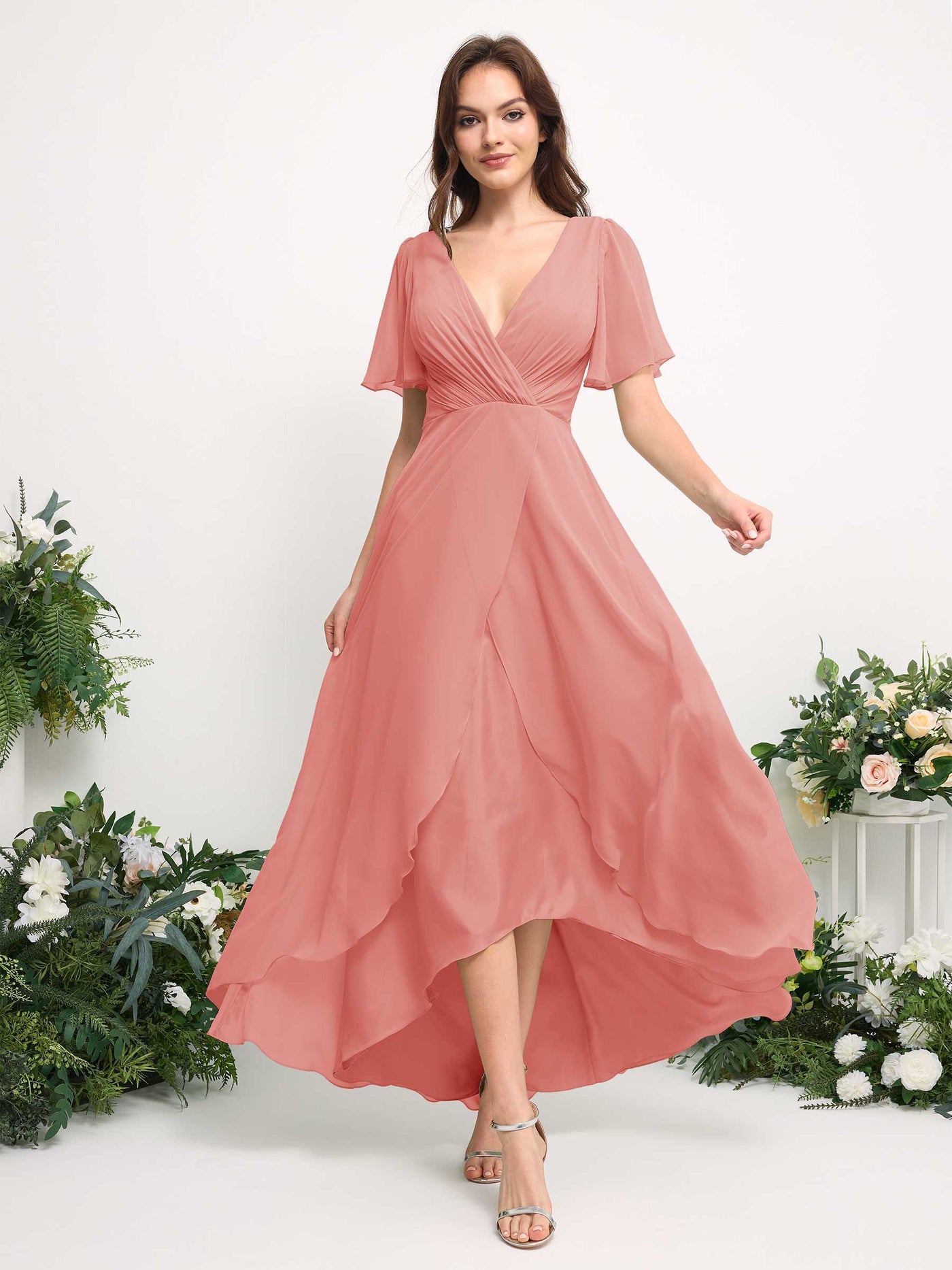 Carlyna A-Linien-Kleid Chiffon V-Ausschnitt Bodenlang Brautjungfernkleid Pfirsichrosa #farbe_pfirsichrosa