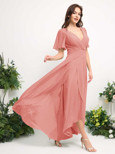 Carlyna A-Linien-Kleid Chiffon V-Ausschnitt Bodenlang Brautjungfernkleid Pfirsichrosa #farbe_pfirsichrosa