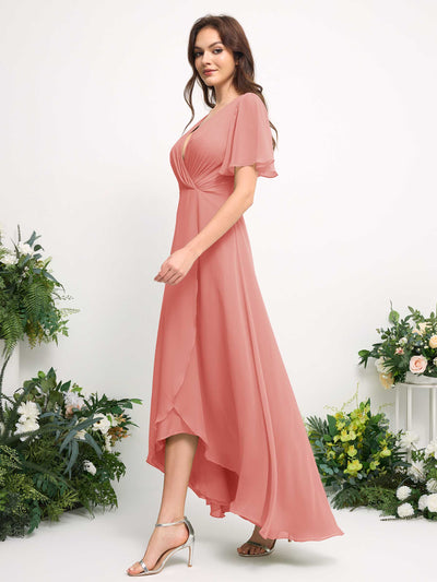 Carlyna A-Linien-Kleid Chiffon V-Ausschnitt Bodenlang Brautjungfernkleid Pfirsichrosa #farbe_pfirsichrosa