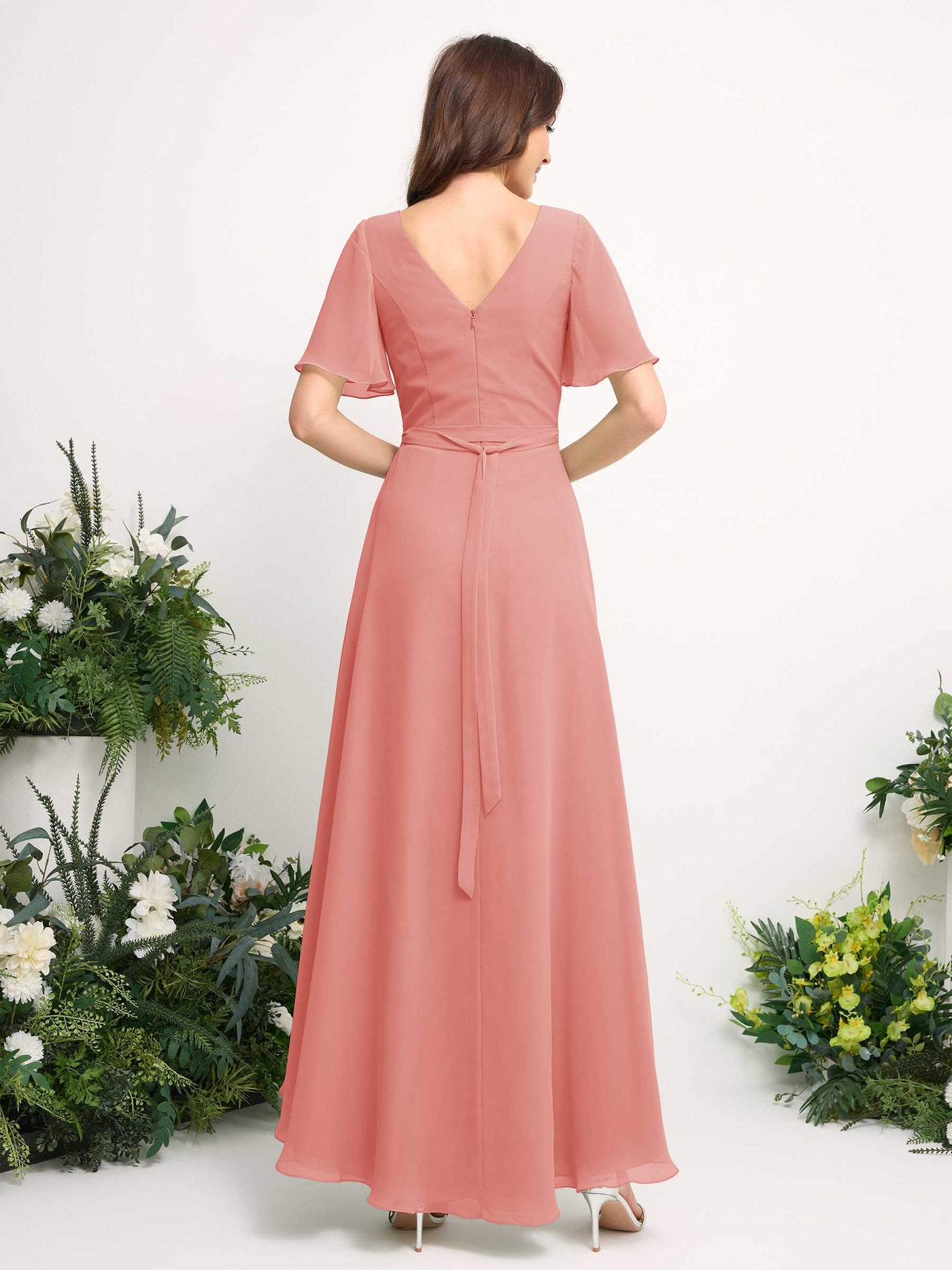 Carlyna A-Linien-Kleid Chiffon V-Ausschnitt Bodenlang Brautjungfernkleid Pfirsichrosa #farbe_pfirsichrosa