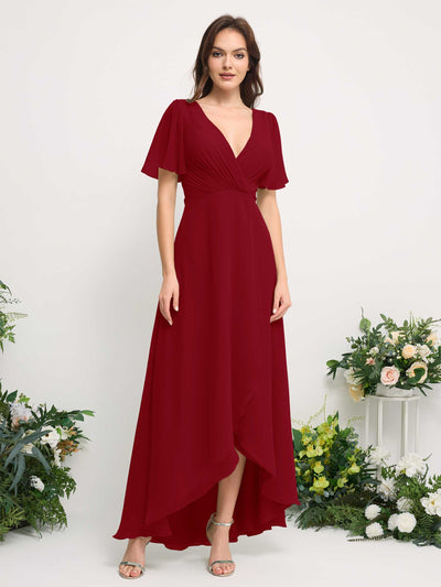 Carlyna A-Linien-Kleid Chiffon V-Ausschnitt Bodenlang Brautjungfernkleid Rostrot #farbe_rostrot