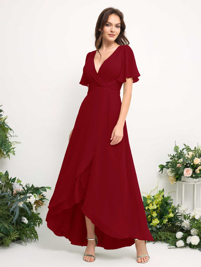 Carlyna A-Linien-Kleid Chiffon V-Ausschnitt Bodenlang Brautjungfernkleid Rostrot #farbe_rostrot