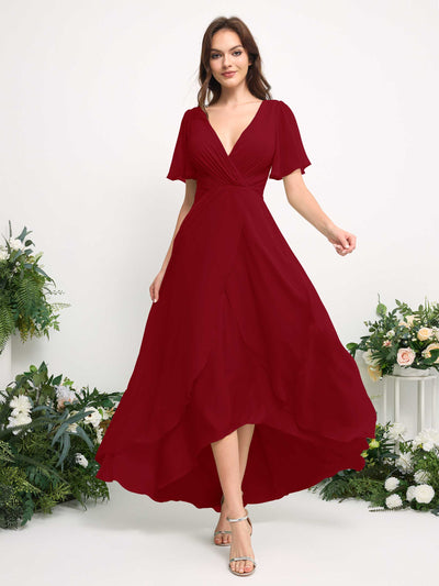 Carlyna A-Linien-Kleid Chiffon V-Ausschnitt Bodenlang Brautjungfernkleid Rostrot #farbe_rostrot