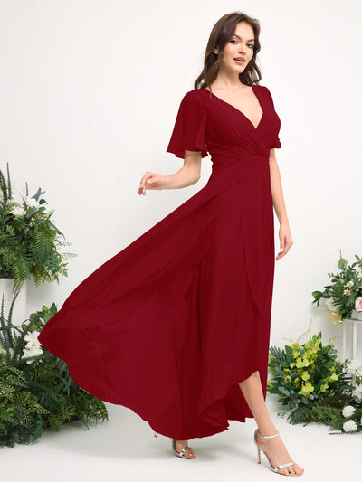 Carlyna A-Linien-Kleid Chiffon V-Ausschnitt Bodenlang Brautjungfernkleid Rostrot #farbe_rostrot