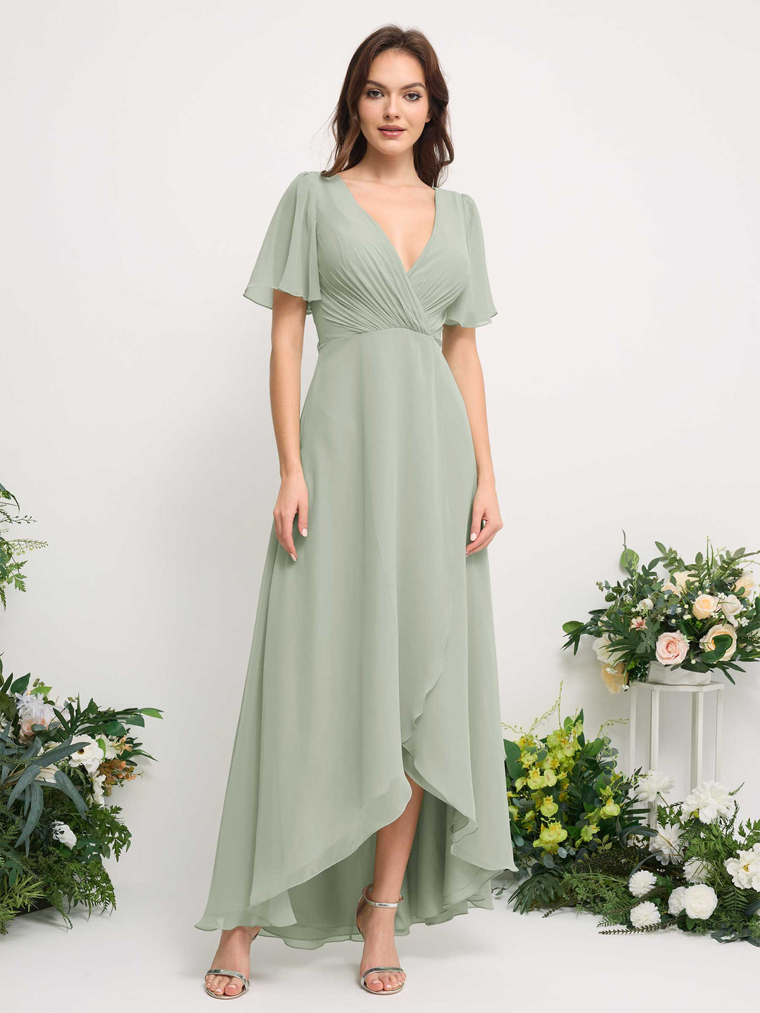 Carlyna A-Linien-Kleid Chiffon V-Ausschnitt Bodenlang Brautjungfernkleid Salbeigrün 