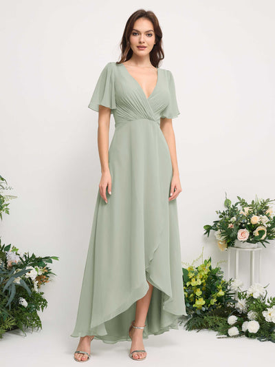 Carlyna A-Linien-Kleid Chiffon V-Ausschnitt Bodenlang Brautjungfernkleid Salbeigrün #farbe_salbeigr-n