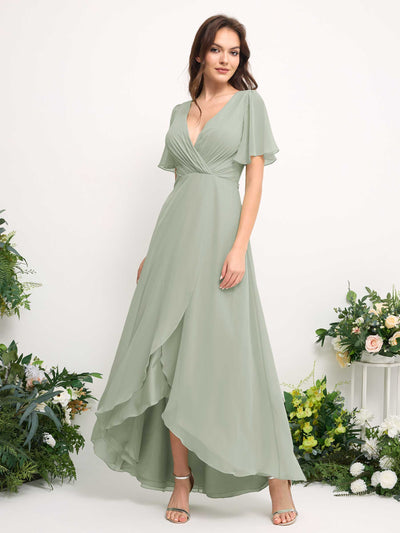 Carlyna A-Linien-Kleid Chiffon V-Ausschnitt Bodenlang Brautjungfernkleid Salbeigrün #farbe_salbeigr-n