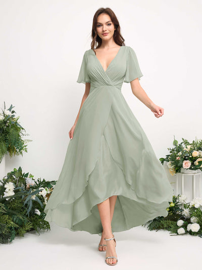 Carlyna A-Linien-Kleid Chiffon V-Ausschnitt Bodenlang Brautjungfernkleid Salbeigrün #farbe_salbeigr-n