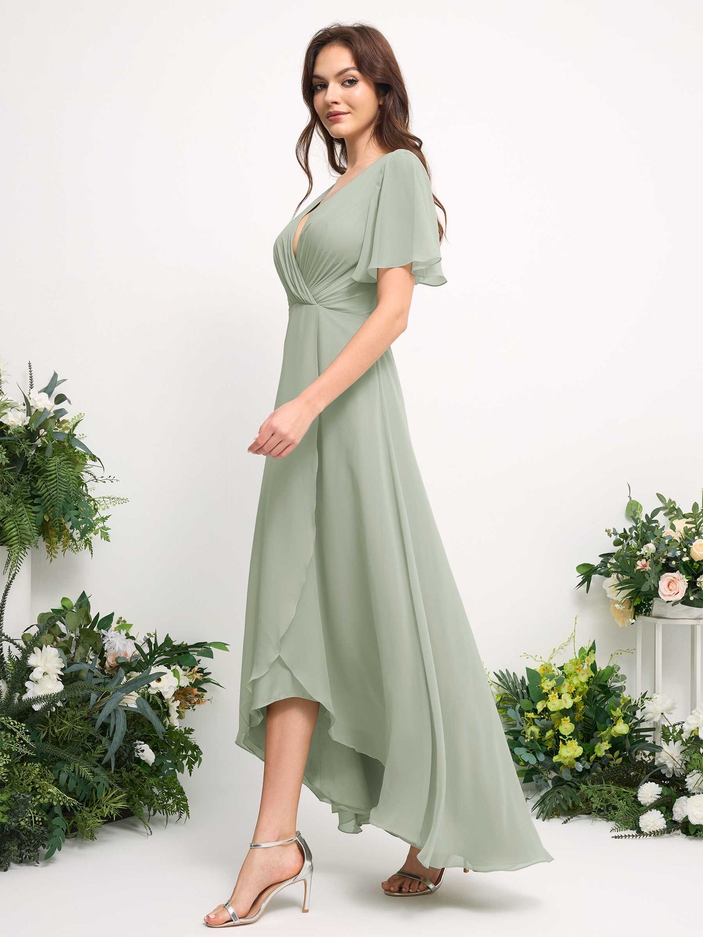 Carlyna A-Linien-Kleid Chiffon V-Ausschnitt Bodenlang Brautjungfernkleid Salbeigrün #farbe_salbeigr-n