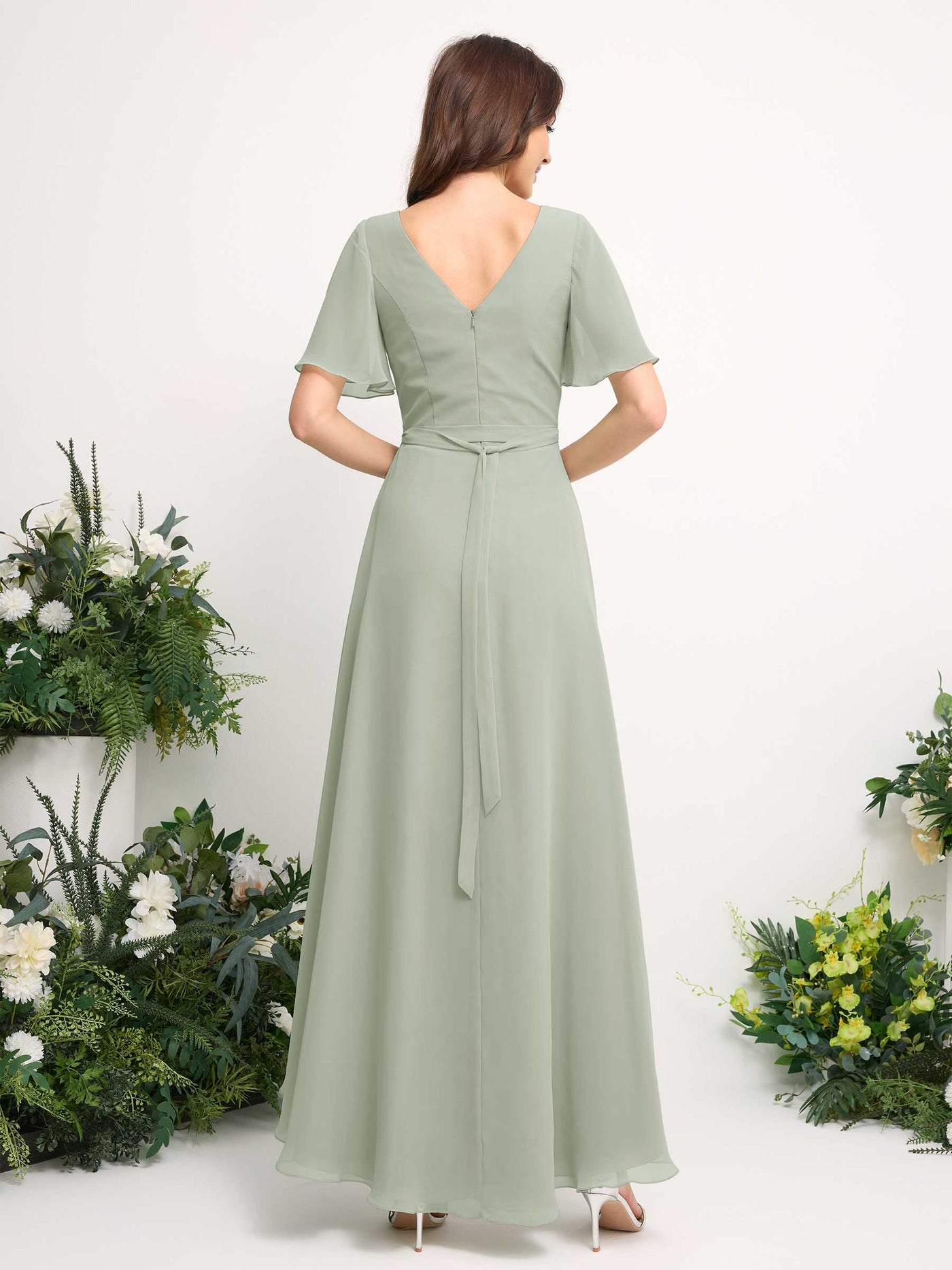 Carlyna A-Linien-Kleid Chiffon V-Ausschnitt Bodenlang Brautjungfernkleid Salbeigrün #farbe_salbeigr-n