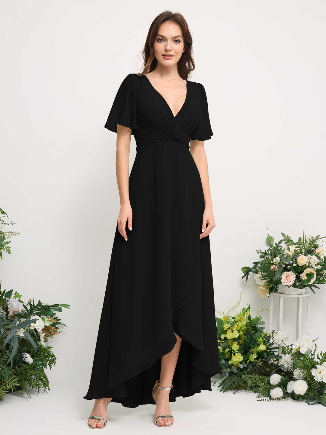 Carlyna A-Linien-Kleid Chiffon V-Ausschnitt Bodenlang Brautjungfernkleid Schwarz 