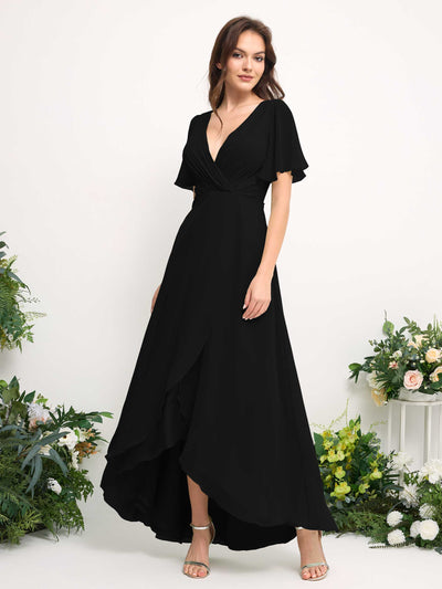 Carlyna A-Linien-Kleid Chiffon V-Ausschnitt Bodenlang Brautjungfernkleid Schwarz #farbe_schwarz