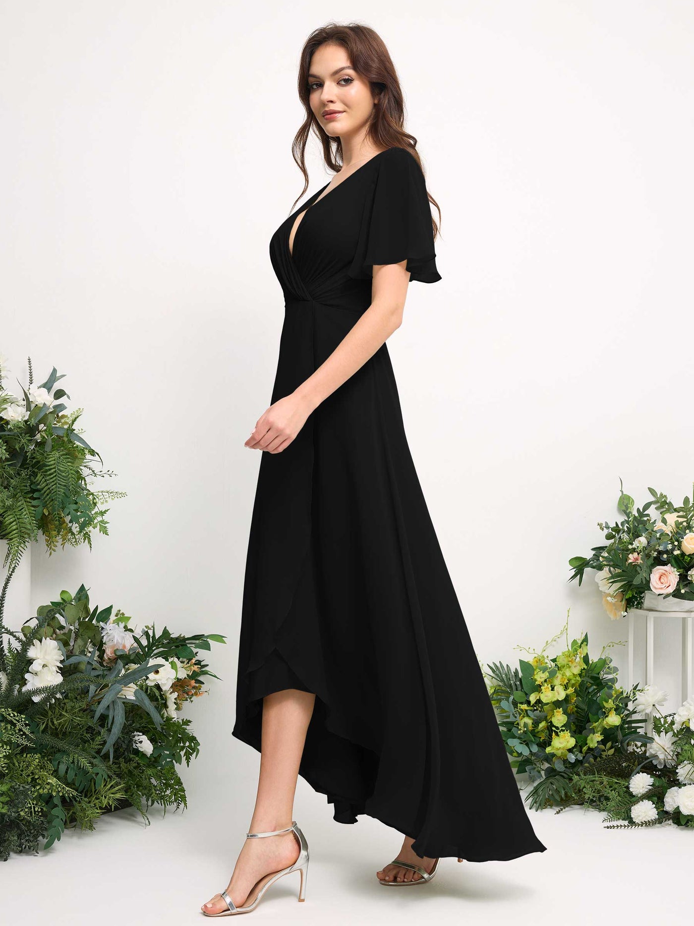 Carlyna A-Linien-Kleid Chiffon V-Ausschnitt Bodenlang Brautjungfernkleid Schwarz #farbe_schwarz