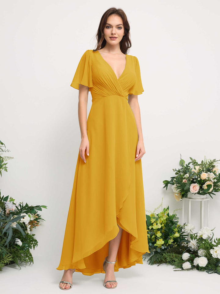 Carlyna A-Linien-Kleid Chiffon V-Ausschnitt Bodenlang Brautjungfernkleid Senfgelb 