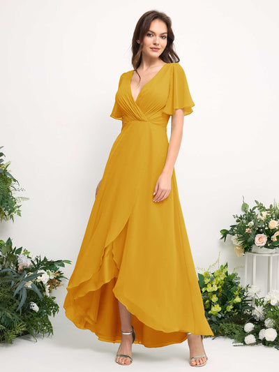 Carlyna A-Linien-Kleid Chiffon V-Ausschnitt Bodenlang Brautjungfernkleid Senfgelb #farbe_senfgelb