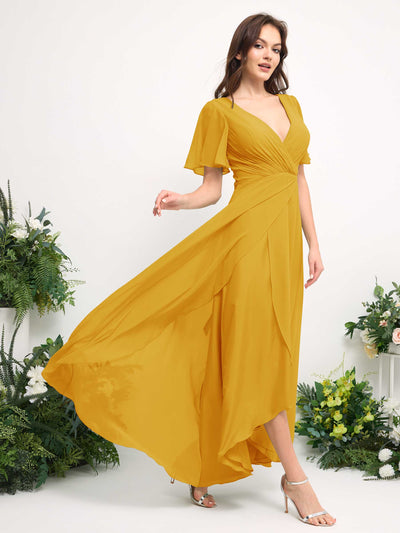 Carlyna A-Linien-Kleid Chiffon V-Ausschnitt Bodenlang Brautjungfernkleid Senfgelb #farbe_senfgelb