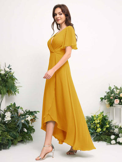 Carlyna A-Linien-Kleid Chiffon V-Ausschnitt Bodenlang Brautjungfernkleid Senfgelb #farbe_senfgelb