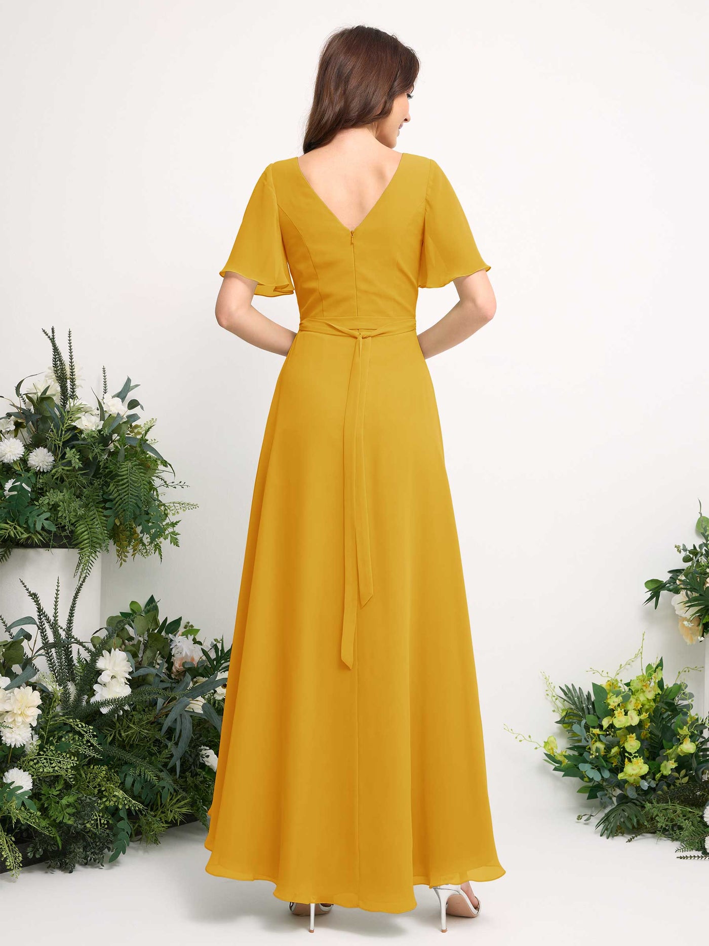 Carlyna A-Linien-Kleid Chiffon V-Ausschnitt Bodenlang Brautjungfernkleid Senfgelb #farbe_senfgelb