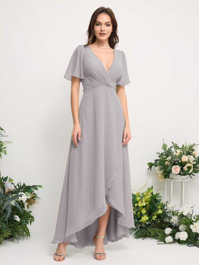 Carlyna A-Linien-Kleid Chiffon V-Ausschnitt Bodenlang Brautjungfernkleid Silber #farbe_silber