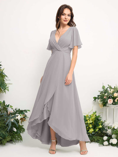 Carlyna A-Linien-Kleid Chiffon V-Ausschnitt Bodenlang Brautjungfernkleid Silber #farbe_silber