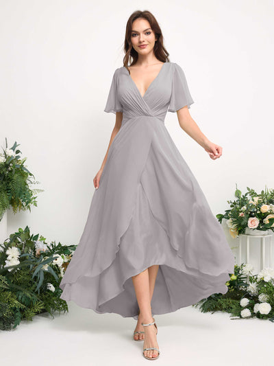 Carlyna A-Linien-Kleid Chiffon V-Ausschnitt Bodenlang Brautjungfernkleid Silber #farbe_silber