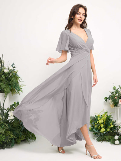 Carlyna A-Linien-Kleid Chiffon V-Ausschnitt Bodenlang Brautjungfernkleid Silber #farbe_silber
