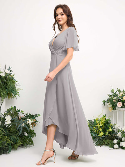 Carlyna A-Linien-Kleid Chiffon V-Ausschnitt Bodenlang Brautjungfernkleid Silber #farbe_silber