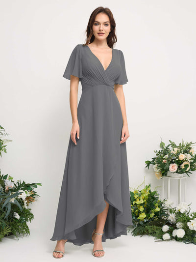 Carlyna A-Linien-Kleid Chiffon V-Ausschnitt Bodenlang Brautjungfernkleid Stahlgrau #farbe_stahlgrau