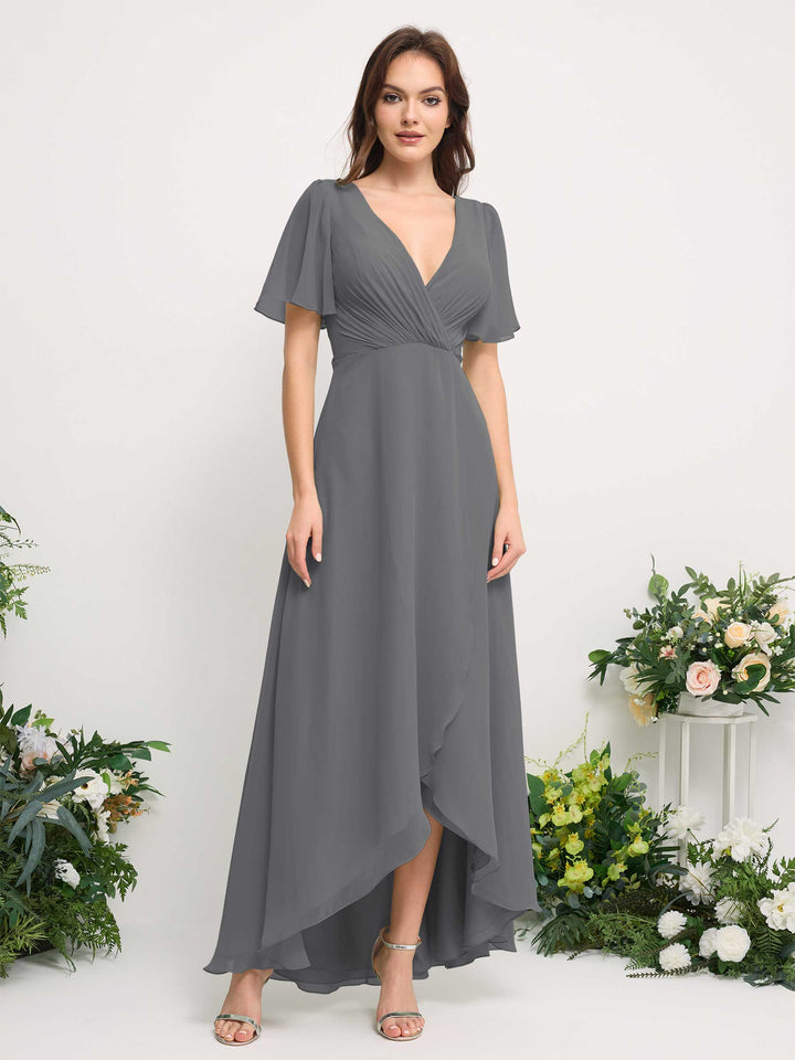 Carlyna A-Linien-Kleid Chiffon V-Ausschnitt Bodenlang Brautjungfernkleid Stahlgrau 