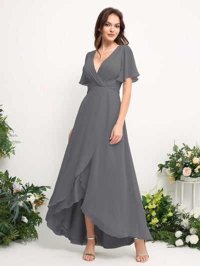 Carlyna A-Linien-Kleid Chiffon V-Ausschnitt Bodenlang Brautjungfernkleid Stahlgrau #farbe_stahlgrau