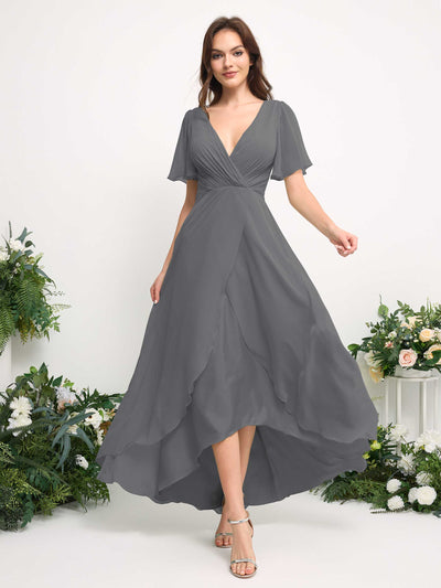 Carlyna A-Linien-Kleid Chiffon V-Ausschnitt Bodenlang Brautjungfernkleid Stahlgrau #farbe_stahlgrau