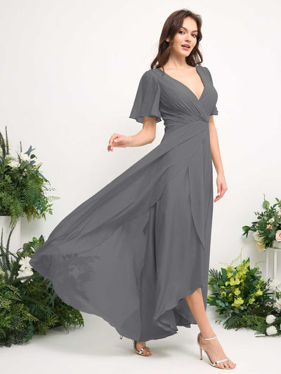 Carlyna A-Linien-Kleid Chiffon V-Ausschnitt Bodenlang Brautjungfernkleid Stahlgrau #farbe_stahlgrau