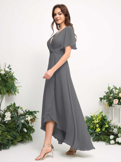 Carlyna A-Linien-Kleid Chiffon V-Ausschnitt Bodenlang Brautjungfernkleid Stahlgrau #farbe_stahlgrau