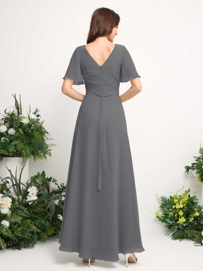 Carlyna A-Linien-Kleid Chiffon V-Ausschnitt Bodenlang Brautjungfernkleid Stahlgrau #farbe_stahlgrau