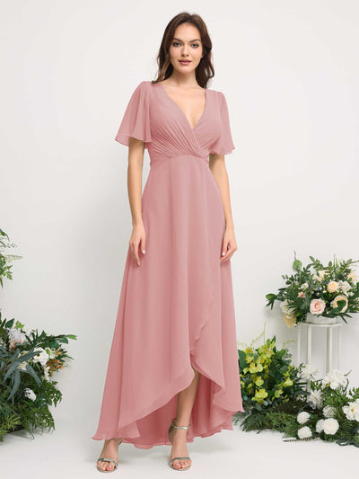 Carlyna A-Linien-Kleid Chiffon V-Ausschnitt Bodenlang Brautjungfernkleid Staubige Rose #farbe_staubige-rose