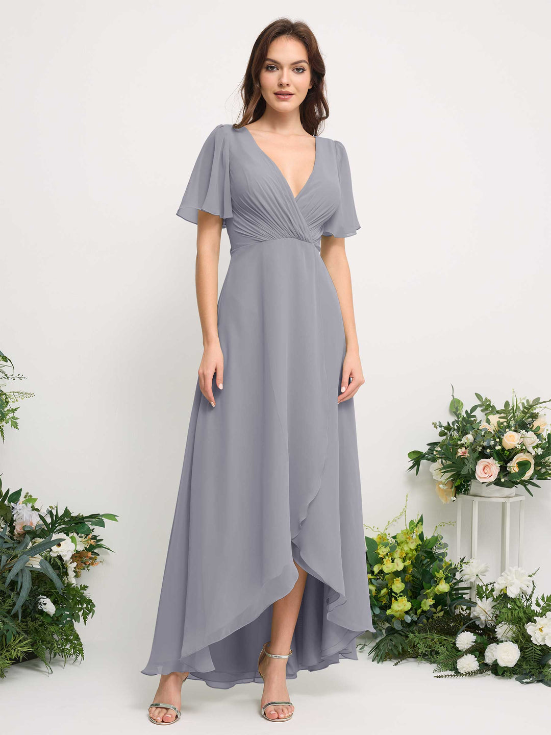 Carlyna A-Linien-Kleid Chiffon V-Ausschnitt Bodenlang Brautjungfernkleid Staubiger Lavendel 