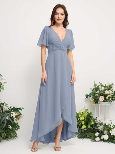 Carlyna A-Linien-Kleid Chiffon V-Ausschnitt Bodenlang Brautjungfernkleid Staubiges Blau-Upgrade #farbe_staubiges-blau-upgrade