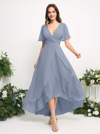 Carlyna A-Linien-Kleid Chiffon V-Ausschnitt Bodenlang Brautjungfernkleid Staubiges Blau-Upgrade #farbe_staubiges-blau-upgrade