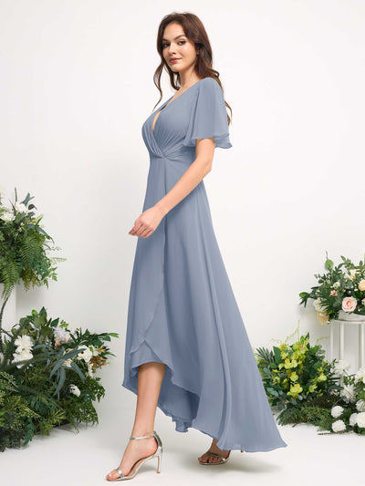 Carlyna A-Linien-Kleid Chiffon V-Ausschnitt Bodenlang Brautjungfernkleid Staubiges Blau-Upgrade #farbe_staubiges-blau-upgrade