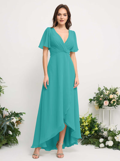 Carlyna A-Linien-Kleid Chiffon V-Ausschnitt Bodenlang Brautjungfernkleid Türkis #farbe_t-rkis